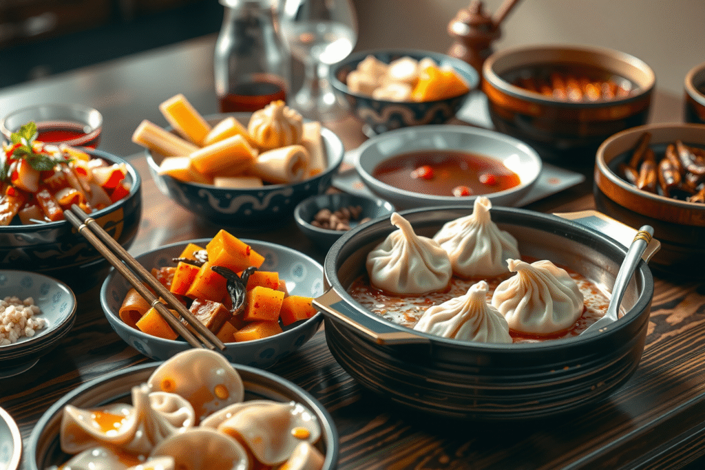 Variedad de comidas chinas auténticas – dumplings, arroz frito, platos tradicionales