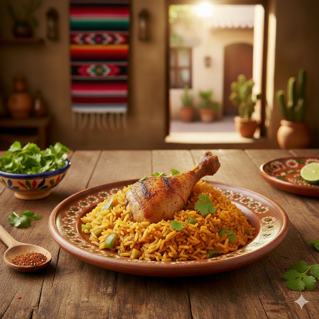 Delicioso plato de arroz con pollo servido en la mesa