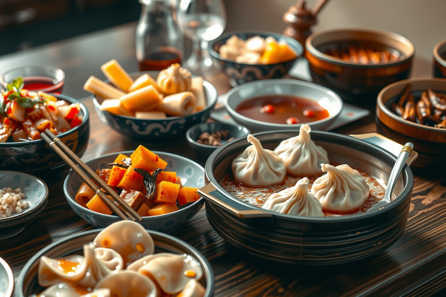 Variedad de comidas chinas auténticas – dumplings, arroz frito, platos tradicionales