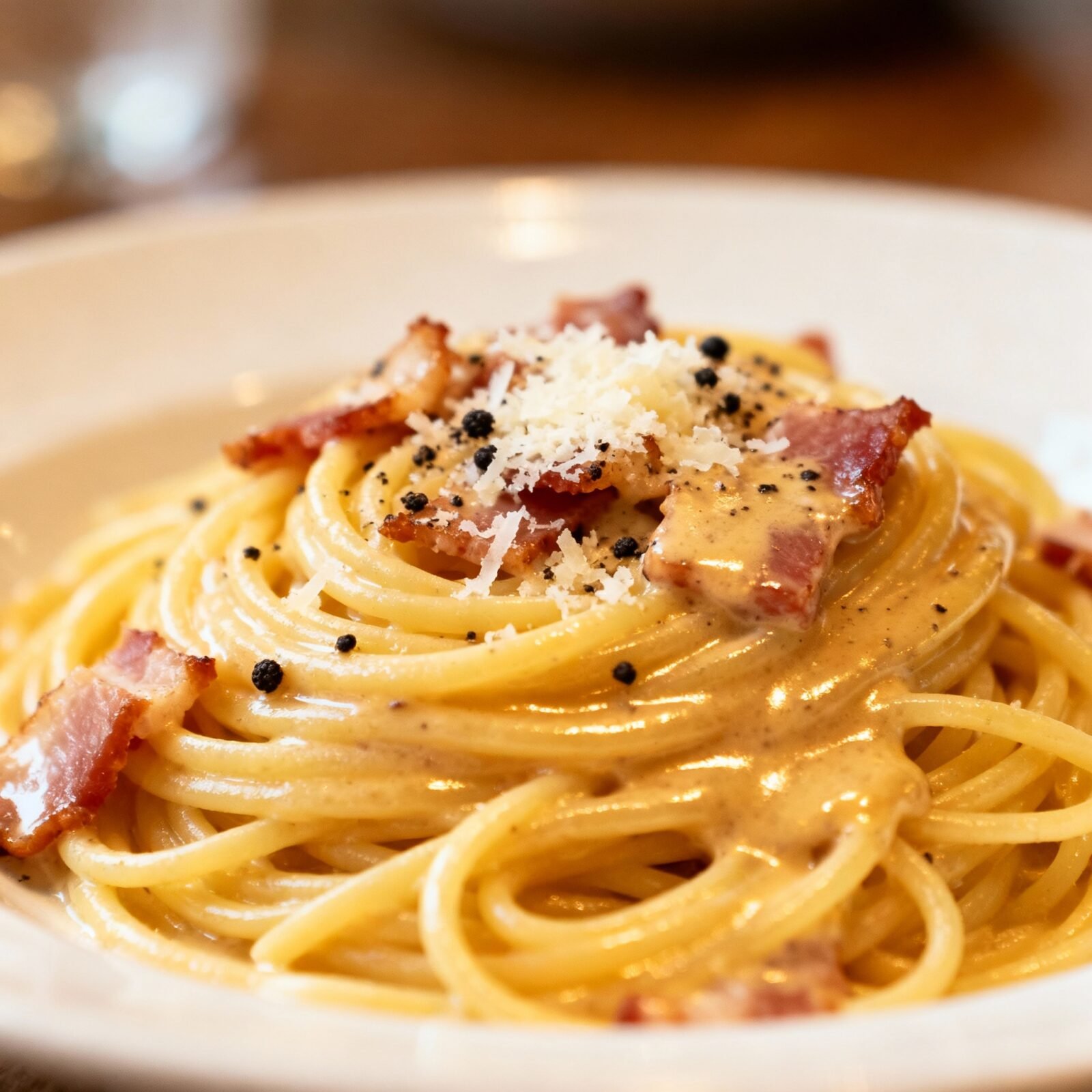 Plato de espaguetis a la carbonara con salsa cremosa, bacon crujiente y queso parmesano
