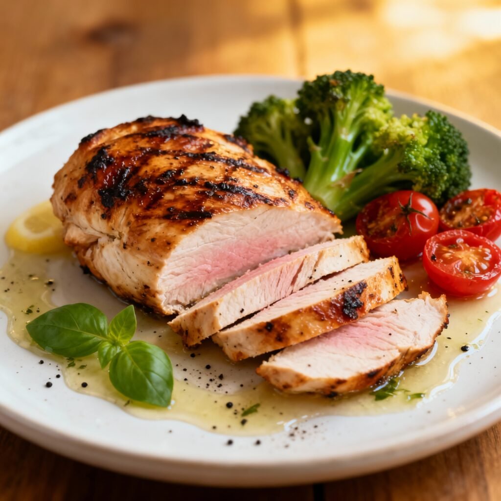 Recetas fáciles y saludables - Pechuga de pollo jugosa con especias y vegetales coloridos